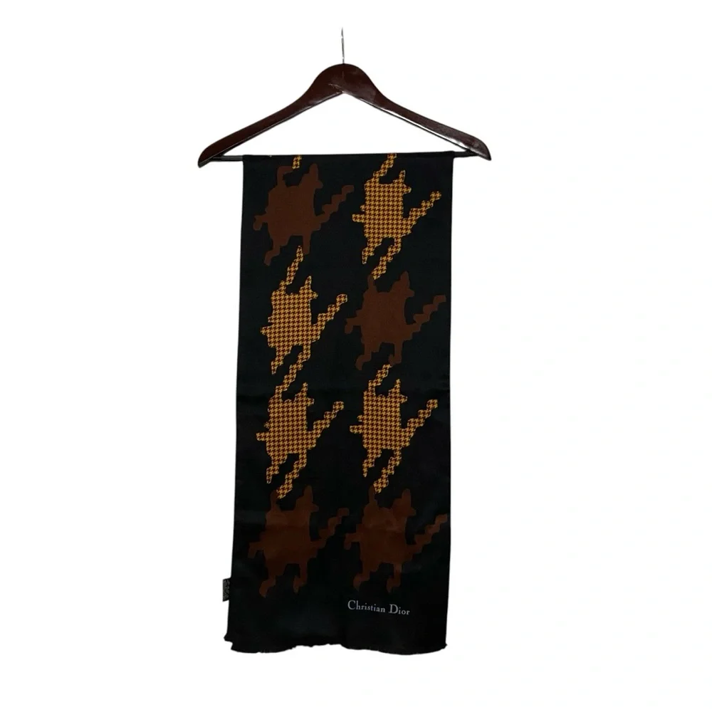 CHRISTIAN DIOR Silk Scarf Printed Pattern Black & Gold Vintage